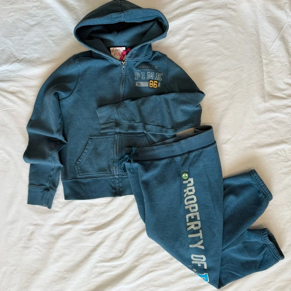 Y2k 2007 VS Pink Blue Hoodie & Capris Sweatsuit Peace Sign - Picture 1 of 12